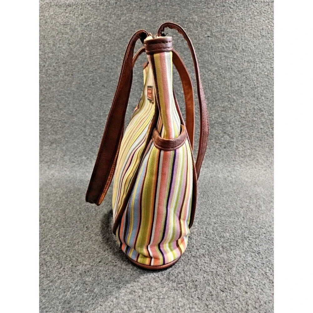 Longaberger Tote Bag Multicolor Stiped Brown Leather Handles and Bottom Pockets
